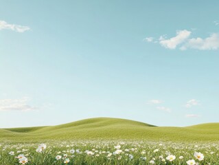 Wall Mural - Serene Hills and Wildflowers Under Soft Clouds – Minimalist Landscape