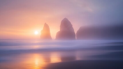 Aufkleber - Serene coastal landscape featuring towering rock formations at sunset with soft, misty waves.