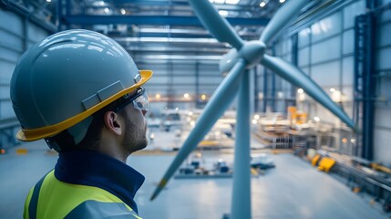 Poster - A worker in safety gear observes a large wind turbine in a modern facility. The scene highlights renewable energy efforts and the importance of innovation in the industry.