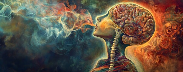 Poster - An artistic representation of the human mind and emotions, featuring surreal elements that symbolize thought processes and creative expression through vibrant colors and smoke.