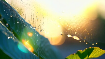 Poster - Dew drops glisten on a spider web early in the morning light among lush green foliage