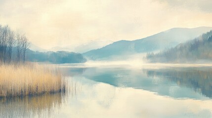 Poster - Serene landscape featuring a misty lake, mountains, and soft pastel colors.