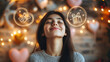 © Natalia - Beautiful girl dreaming of Valentine's Day gifts surrounded by hearts and holiday lights