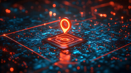Poster - A digital map marker on a tech-inspired cityscape background.