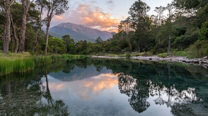 Poster - Serene landscape with mountains reflecting in calm water under a colorful sky.