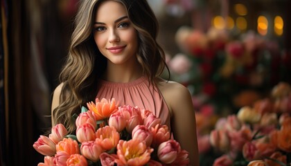 Wall Mural - woman with tulips in garden