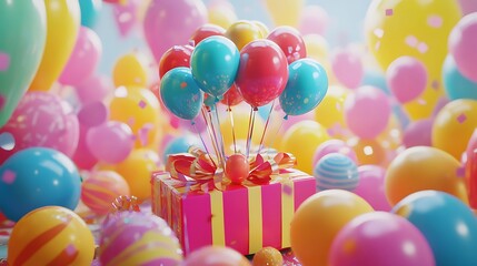 3d surprise box set featuring vibrant colorful party balloons rising into a festive themed background