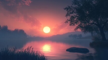 Poster - Serene sunset over a calm lake, with silhouettes of trees and gentle ripples on the water.