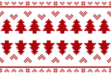 Wall Mural - Pixel Christmas Pattern with Red Snowflake Icons on White Background,Nordic and Scandinavian Style,Ideal for Gift Wrapping,Sweaters,Fabric,Border,Banner and Digital Art Projects During the Holiday