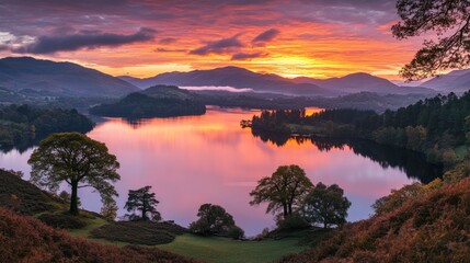 Poster - Serene sunset over a tranquil lake surrounded by mountains and trees.