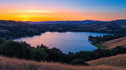 Poster - Serene sunset over a tranquil lake surrounded by rolling hills and lush greenery.