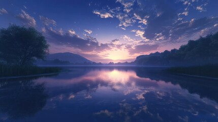Poster - Serene sunset over a tranquil lake, reflecting vibrant colors and surrounding nature.