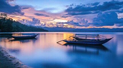  Serene sunset over calm waters with boats reflecting the vibrant sky.