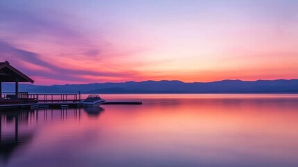 Aufkleber - Serene sunset over calm waters with mountains in the background.