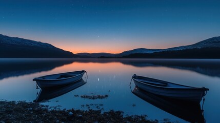 Aufkleber - Serene twilight over a calm lake with two boats reflecting the twilight sky.