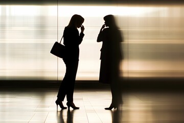 In a bustling urban environment, two women engage in a deep conversation, their figures forming striking silhouettes. The setting features soft lighting that enhances the moment.