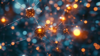 Glowing spheres connected by thin lines, bokeh background.