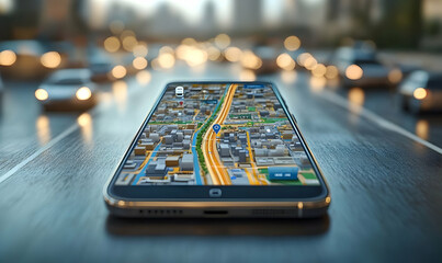 Poster - A smartphone displaying a map on a wooden surface, with blurred traffic in the background.