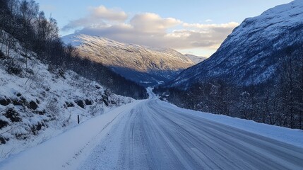 Poster - Snow-covered road winding through mountains under a clear sky.
