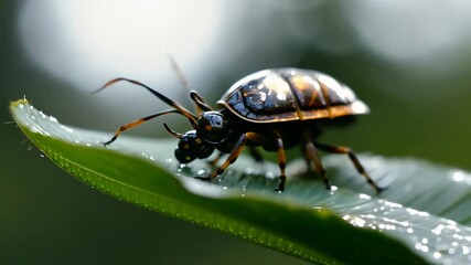 Poster - Close-up view of a beetle resting on a green leaf in a serene garden setting during early morning light