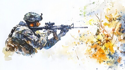 A soldier takes aim amidst the autumnal hues of the battlefield, a poignant portrayal of a warrior's resolve in watercolor.