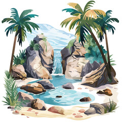 Canvas Print - A watercolor painting of a tropical lagoon surrounded by rocks, isolated on a white background. Tropical lagoon rocks vector.
