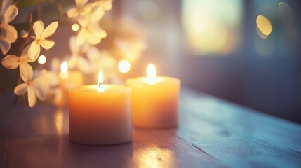 Aufkleber - Softly glowing candles surrounded by delicate flowers, creating a serene and calming atmosphere.
