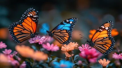 Poster - Three colorful butterflies perched on vibrant flowers in a serene garden setting.