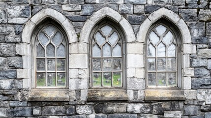 Poster - Three arched windows in a stone wall, showcasing intricate design and historical architecture.