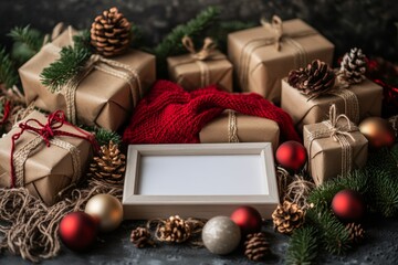 A festive arrangement of wrapped gifts, pinecones, and ornaments with a blank frame for personalization.