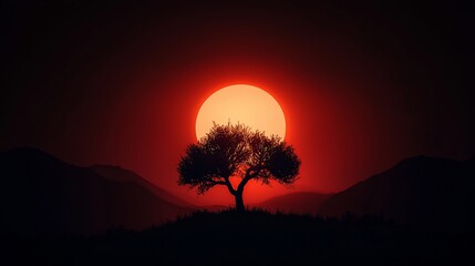 Poster - Silhouetted tree against a red sunset over mountains.