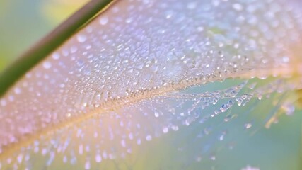 Poster - Dew droplets glisten on a delicate leaf in a vibrant garden during morning light