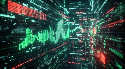Poster - Futuristic stock market ticker board with glowing data visualizations in a digital space