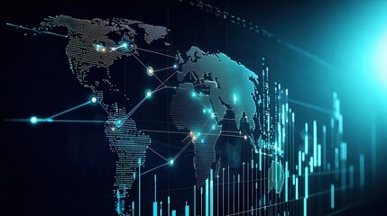Poster - Innovative digital world map displaying glowing city lights and connections virtual environment technology concept