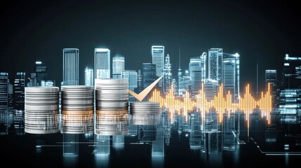 Poster - Financial growth strategy with glowing upward arrow in urban business environment data visualization perspective