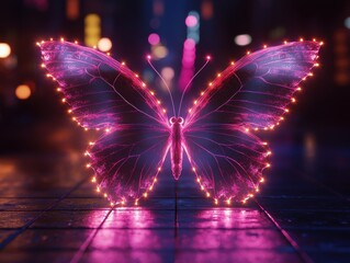 Poster - Dynamic light trails forming a butterfly shape in pink urban nightscape digital art vibrant colors abstract viewpoint