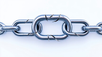 Wall Mural - A close-up of a metallic chain link with visible wear and tear, emphasizing strength and potential vulnerability in its structure.