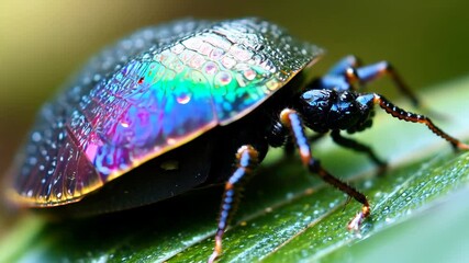 Poster - Close-up exploration of a colorful beetle on a leaf in a lush garden environment during the day