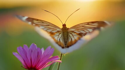 Aufkleber - Colorful butterfly resting on a vibrant flower during golden hour in a lush garden setting