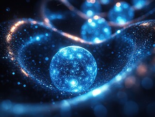 Poster - Futuristic glowing light orbs spiral motion digital realm abstract art sci-fi environment close-up view innovative concept