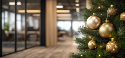 Wall Mural - A beautifully decorated Christmas tree with golden ornaments, set against a blurred office background, creating a festive atmosphere in a modern workspace.