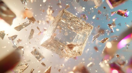 Poster - Exploding glass cube in motion abstract art installation digital surreal environment captivating perspective