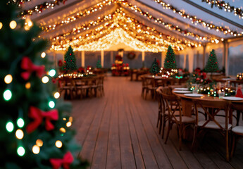 Wall Mural - A beautifully decorated outdoor venue features festive lights, Christmas trees, and a cozy dining setup, creating a warm holiday atmosphere.