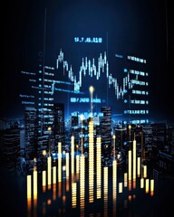 Poster - Holographic vertical interface visualization in urban business environment futuristic concept nighttime view