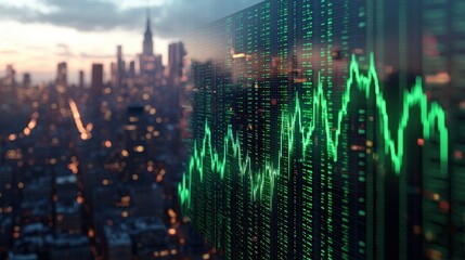 Poster - Stock market surge floating data screen displaying green upward trend over new york city skyline