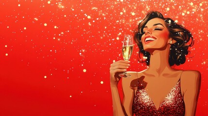 Wall Mural - cheerful woman in evening dress holding glass with champagne and celebrating an event