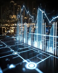 Poster - Futuristic financial dashboard visualization urban city digital technology nighttime aesthetic viewpoint data analysis
