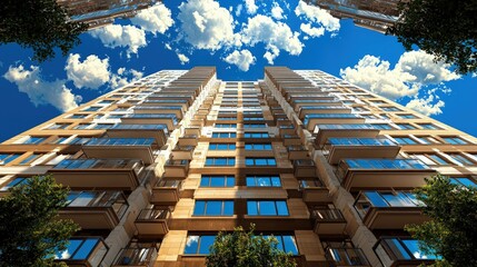 Canvas Print - Low-angle view of a modern high-rise apartment building against a bright blue sky with fluffy clouds.