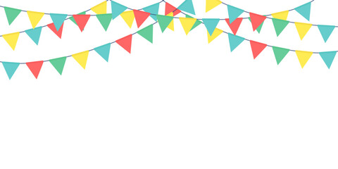 Festive flag garlands. Colored garlands of triangular flags. Carnival, birthday or party design decoration. Design of festive banner, greeting card. Vector illustration.