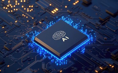 Poster - A chip with an AI brain logo on it, glowing blue lights around the edge, floating above a complex circuit board. The dark, blurred background emphasizes the subject, highlighting advanced technology